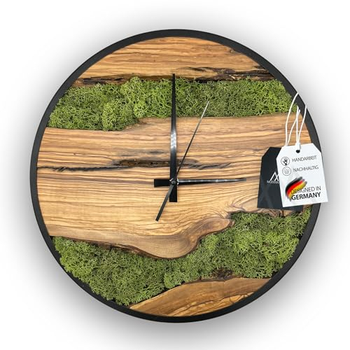MODERNMOMENTS ® Moos Wanduhr aus massiven Holz ohne Tickgeräusche Handarbeit Olivenholz Holz Wanduhren modern Baumkante Holzuhr Wohnzimmeruhr Uhr Wand Massivholz Naturholz Clock Deko Moosbild