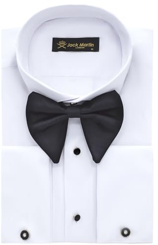 Jack Martin Camisa de esmoquin con cuello de ala blanca para hombre con puños franceses, juego que incluye gemelos y pajarita negra, camisas de vestir de lujo para hombre, blanco simple, X-Large