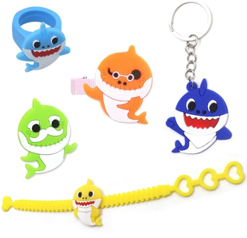 LGWJHCY 25PCS Hai Schlüsselanhänger Armband Ringe, Haarspange Brosche Set, Niedlich Hai Anhänger, Geburtstag Party Supplies, Geschenk für Jungen Mädchen Kinder