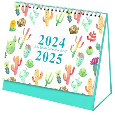 Schreibtischunterlage Kalender, Juli 2024 - Dezember 2025, Monats-, Tagesplaner, Desktop-Kalender, akademischer Jahresplaner für Schule, Büro, Zuhause, Doppeldraht (Kaktus)