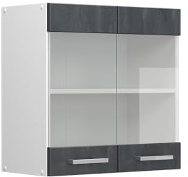 Vicco Küchenglasschrank R-Line, Glashängeschrank, Schwarz Beton/Weiß, 60 cm