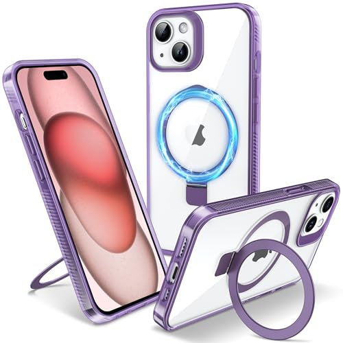 Flyzoo Magnetic Kickstand Case for iPhone 15 Plus, [Compatible with MagSafe & Invisible Ring Stand Holder] [Non-Yellowing & Shockproof] Clear Transparent Hard Silicone Edge Cover, 6.7'', Clear Purple