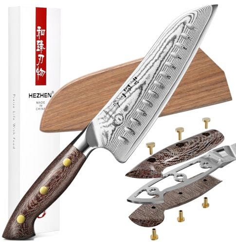 HEZHEN Santokumesser im Japanischen Stil，Echter Damaststahl Kochmesser mit Holzmesserscheide, Chinesisch VG10 Gyuto Messer, Full Tang Griff aus Micarta