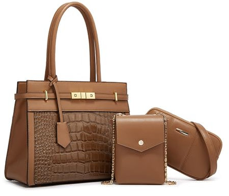 NICOLE & DORIS Elegante Handtasche Damen Kroko Handtaschen 3er Set Shopper Schultertasche PU Leder Umhängetasche Handytasche Tote Tasche für Büro Schule Einkauf Kaffee