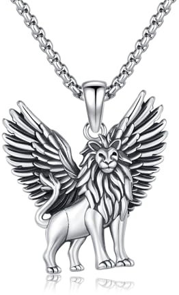 JFASHOP Löwen Kette 925 Sterling Silber Venedig San Marco Löwen Halskette mit Winkel Flügel Anhänger Halskette, Punk Gothic Hip Hop 3D Löwen Schmuck für Männer