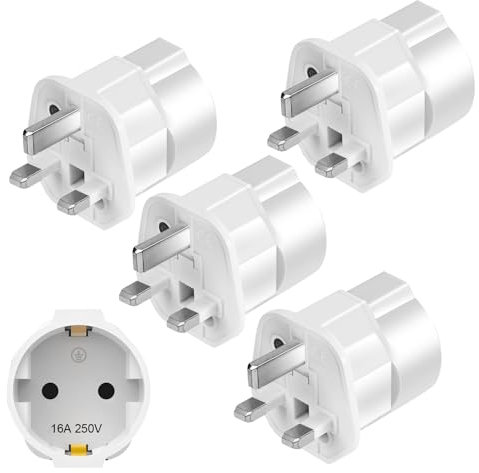 4 Pack EU to UK Plug Adapter, European to UK Travel Adaptor 2 Pin to 3 Pin Plug Adapter, Type C/E/F Europe German France Spanish Polish Turkish to British Adapter Type G, White