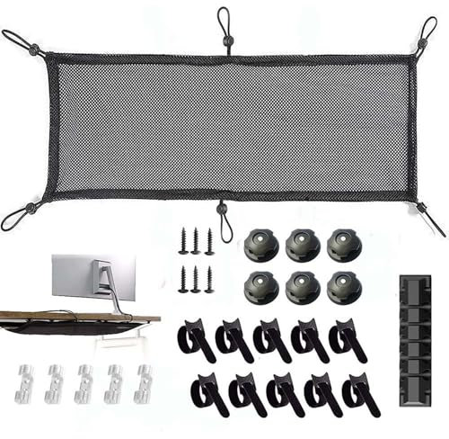 Under Desk Cable Tray, 50x25cm Cable Management Net Desk Cable Tidy with 6 Screws 6 Buckles 10 Magic Stickers 1 Cable Manager Cable Net Under Desk for Hide Cables