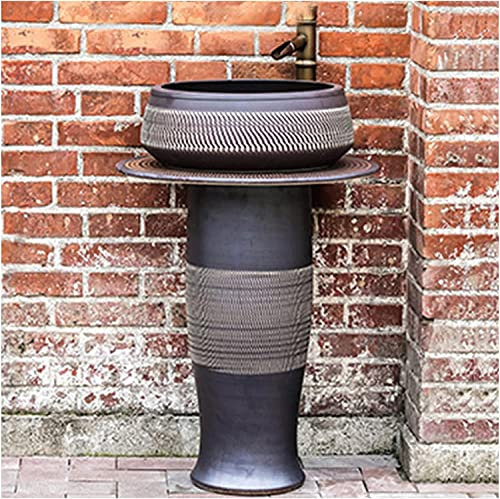 ASerZenith Lavabo sur Pied de Salle de Bain autoportant Art Hotel Home Lavabo sur Pied de Salle de Bain en céramique rétro avec piédestal Unité de lavabo sur Pied Dure et Facile à n(Black-One Size)