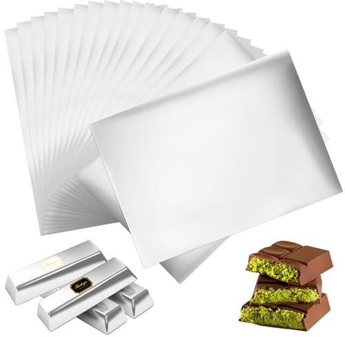 Dreamtop 100 Pièces Emballage Tablette Chocolat (20x28cm) - 160 Pièces Étiquettes Cadeaux - Feuilles D'emballage en Feuille Argent - Kit Papier Demballage de Chocolat & Bonbons Luxe