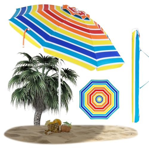 RELAX4LIFE Parasol de Plage, Parasol Incliné Pliable Portable avec Ancrage pour Sable, Protection Solaire, Sac de Transport pour Plage, Patio, Jardin