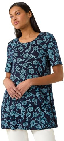 Roman Originals Swing Top with Pockets for Women UK Ladies Hanky Hem Asymmetric Tunic Blouse Longline Long Stretch Jersey Casual Round NeckTee Shirt T-Shirt - Floral Blue - Size 16