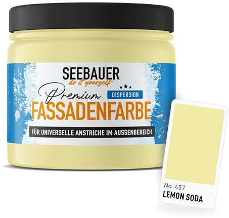 SEEBAUER diy Universal-Fassadenfarbe Gelb 300ML für Außen (No. 457 Lemon Soda) Hoch deckende Fassadenfarbe mit Wetterschutz - Geeignet für Putz, Mauerwerk und Beton