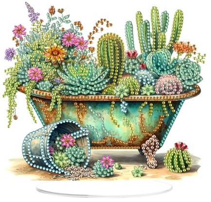 EOBROMD Flowers Diamond Art Desktop Ornament Kit, 5D Cactus Diamond Painting Kits for Adults, Special Shape Diamond Crystal Art Kits for Table Decor Gifts
