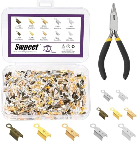 Swpeet 601Pcs 5 colori 1.2mm 2.5mm quadrato piegato sopra le estremità del cavo con pinze di installazione Kit assortimento, cuoio nastro chiusura punte tappi, connettore gioielli per gioielli fai