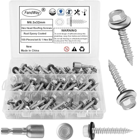 FandWay Dachschrauben für Blech auf Holz, M6,3 x 32 mm, selbstschneidende / bohrende Schrauben, Sechskantkopf-Blechschraube, rost-epoxidbeschichtete Holzverkleidungsschraube, Sechskantantrieb mit