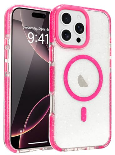 LLZ.COQUE for iPhone 16 Pro Max Bling Case Compatible with Magsafe Hot Pink | Magnetic Lovely Glitter Clear Phone Case for Women Girls, Sparkly Shiny Transparent Protection Shockproof Bumper Cover