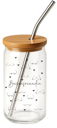 LIEBTASTISCH Glas mit Deckel & Strohhalm – Lustiges Trinkglas „Busenfreundin“ mit Reinigungsbürste – Witzige Geschenkidee für Frauen, beste Freundin, Geburtstag & Weihnachten