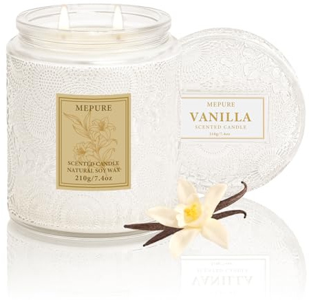 Mepure Vanilla Scented Candle, 210g Soy Wax Candle, Gifts for Women | Double Cotton Wicks, Clean Even Burn, Hand-Poured, Textured Glass Jar, Warm Sweet & Creamy Scent, Up to 50 Hours