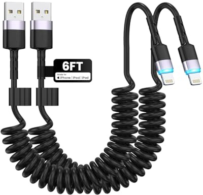 2-Pack iPhone Charger Cable, 60W 3A USB A to Lightning Cable, 1.2M Retractable iPhone Carplay Cord [MFi Certified] with LED Indicator, Compatible with iPhone 14/13/12/11/XS MAX/XR/XS/iPad, Black
