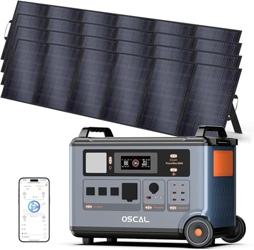 OSCAL PowerMax 6000W Solargenerator mit 4x500W Solarpanel, 3600Wh Tragbare Powerstation, Erweiterbar auf 57.6kWh, LiFePO4-Akku, Vollladung in 1,96 Std, USV, Mobiler Stromspeicher für Camping, Notstrom