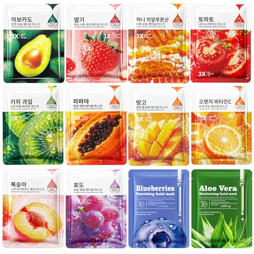 12 pezzi Maschere viso in Tessuto, Maschera facciale coreana, Maschera idrogel, Pelle Compatta, Miglioramento dell'elasticità, Idrata la Pelle, Adatto sia per gli uomini e le donne
