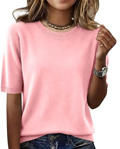 Pull Femme Chic Et Elegant D'Été pour À Manches Courtes Haut en Tricot Couleur Unie Léger Élégant Col Rond Décontracté Printemps Été Pullover Tops