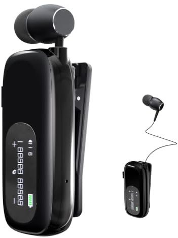 esonstyle Auricolare Bluetooth Mono In-Ear con Clip e Filo Retrattile | Batteria da 20 Ore e Microfono con Cancellazione del Rumore per Chiamate Nitide. Perfetto per Sport, Ufficio e Guida