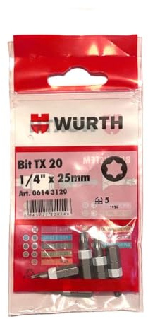 Würth 5x TX20 Bit 1/4 Zoll x 25mm TX 20 C 6,3 Antrieb Schrauben 06143120-5