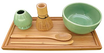 BambooMN Brand - Matcha Bowl Set (Includes Bowl, Rest,Tea Whisk, Chasaku, Tea Spoon & Tray) 1 Set Soft Light Green