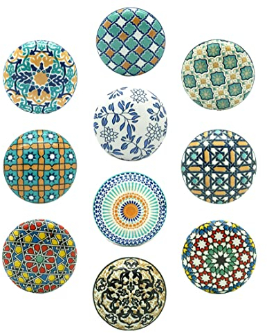 G Decor Positive Energy VI Assorted Designs Ceramic Door Knobs, Vintage, Shabby Chic, Interior Furniture, Cabinet Cupboard Drawers Pulls Handles (10-Pack)