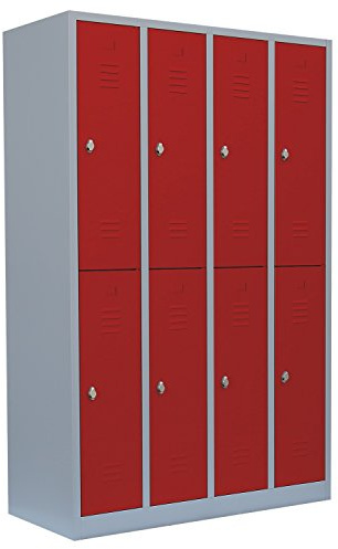 Lüllmann 8 Fächer Spind Schließfachschrank grau/rot 180x117x50cm | komplett montiert, Wertfachschrank, Fächerschrank, Umkleideschrank, 520244