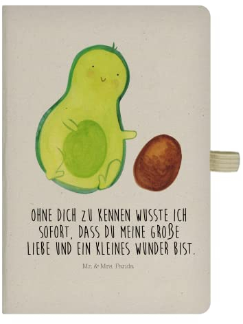 Mr. & Mrs. Panda DIN A5 Baumwoll Notizbuch Avocado rollt Kern - Geschenk, Schwangerschaft, Veggie, Adressbuch, Kladde, Liebe, große Liebe, Notizblock, Gesund, Säugling, Geburt, Skizzenbuch, schwanger
