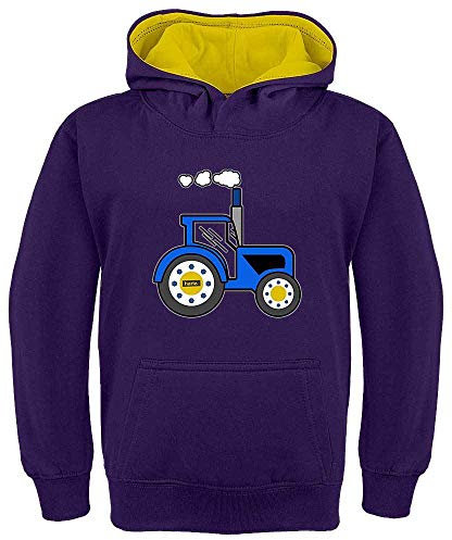 HARIZ Kinder Hoodie Kapuzenpullover Kontrast Blauer Traktor Auto Polizei Inkl. Geschenk Karte Lila/Gelb 116/5-6 Jahre
