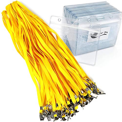 Bird Fiy Lot de 50 cordons avec porte-nom en plastique transparent étanche pour carte d'identité et 50 cordons (jaune)