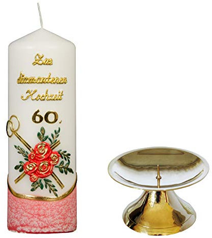 Meissner-Handel Auswahl * Stumpenkerze ''Zur Diamantenen Hochzeit'' * 6 x 18 cm * rot * mit farbigen Wachsauflagen * (Motiv 004) * mit Kerzenständer aus Messing * Auswahl Motiv + Farbe