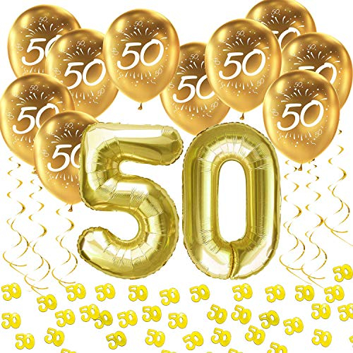 Oblique Unique® 50. Geburtstag Goldene Hochzeit Jubiläum Party Feier Deko Set - Folien Ballons Zahl 50 + Luftballons + Konfetti + Deckenhänger Spiral Girlanden - Gold