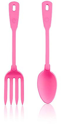 Kochblume Servier Set, 2-teilig, Löffel und Gabel | Premium Premium-Silikon & BPA freimit Edelstahlkern (pink)