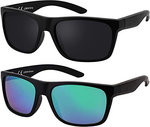 La Optica B.L.M. Herren Sonnenbrille UV400 Männer Sportbrille Fahrradbrille - Doppelpack Set Matt Schwarz (Gläser: 1 x Grau, 1 x Grün Verspiegelt)