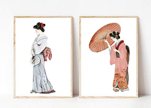 Din A4 Kunstdruck 2-teilig ungerahmt - Geishas Kimonos Geisha Schirm Japan Asien Aquarell Blau Rot Druck Poster Bild