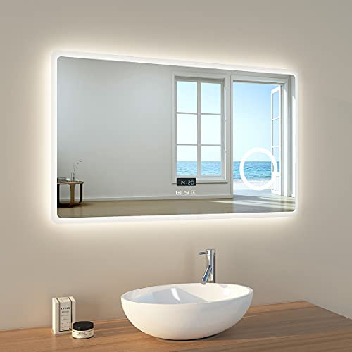 EMKE badspiegel mit Beleuchtung 100x60cm Badezimmerspiegel mit Beleuchtung led Wandspiegel Badezimmerspiegel mit Bluetooth, Antibeschlag, Uhr, dreifarbig einstellbar, Helligkeit einstellbar
