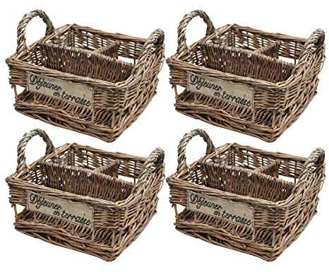 Rustic 'Dejeuner en Terrasse' Flatware Cutlery Condiments Napkin Storage Caddy Serving Baskets - 19cm (W) x 19cm (L) x 10cm (H) - Set of 4