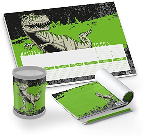 itenga Schreibtisch-Set T-REX Dinosaurier 3-teilig Schreibtischunterlage Papier DIN A3 Stifteköcher Notizblock für Kinder Schüler Jungen