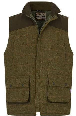 WALKER AND HAWKES Herren Country-Weste aus Tweed mit verstärkten Schultern - für die Jagd geeignet - Dunkles Salbeigrün - Größe M (40-42)