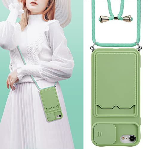 UEEBAI Crossbody Case for for iPhone SE 2022 5G/iPhone 7/iPhone 8/iPhone SE 2020, Silicone Card Slot Phone Cover Necklace Strap Cord Lanyard Shockproof Protective Case for iPhone SE3/SE2 -Matcha Green