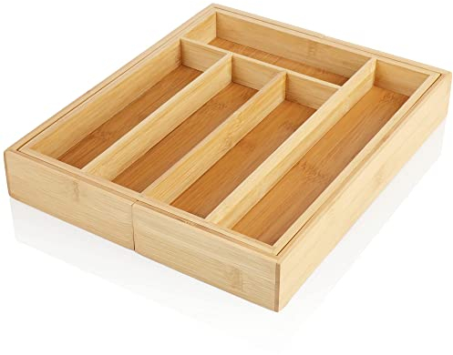 com-four® Bandeja para cubiertos de bambú - Cubertero extraíble para el cajón - Caja de almacenamiento para la cocina (01 pieza - marrón - extensible)