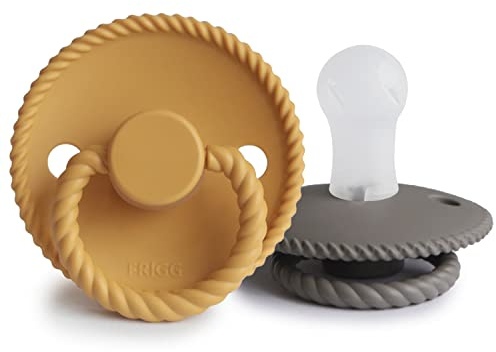 FRIGG Rope Lot de 2 sucettes | Sucette en silicone | Sans BPA | Fabriqué au Danemark | Tétine Cerise Symétrique |(Honey Gold/Portobello, Taille 1 (0-6 Mois))