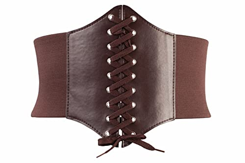 Women Elastic Wide Band Tied Waspie Corset Waist Cincher Belt for Halloween Xmas (Brown)