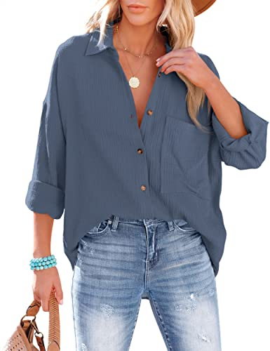 NONSAR Bluse Damen Lässiges Hemd mit V-Ausschnitt 100% Baumwolle Lockere Passform Solide Dickes Oberteil Elegant mit Tasche(9353M,Dunkelgrau)