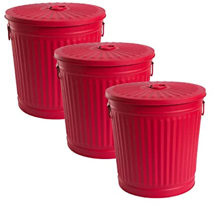 Jinfa | 3 Jeux Poubelle en métal galvanisé avec poignées et Couvercle | Rouge | Diamètre Ø 29 cm - Hauteur 31,5 cm | Capacité: 18 litres