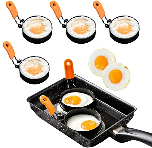 Egg Ring Poacher Cooker Holder Cups Mold Rings with Silicone Brush & Handle Anti-Scald for Frying Eggs, 4 Pack Round